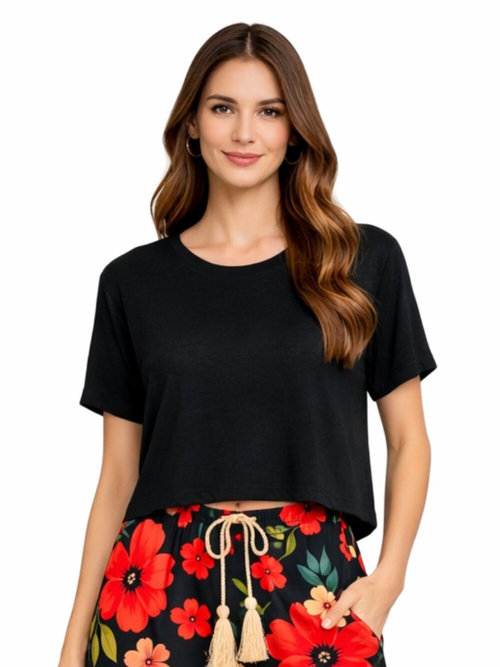 Zenana Outfitters Black Slub Knit Crop Tee Crew Neck Boxy Top Short Sleeve Small